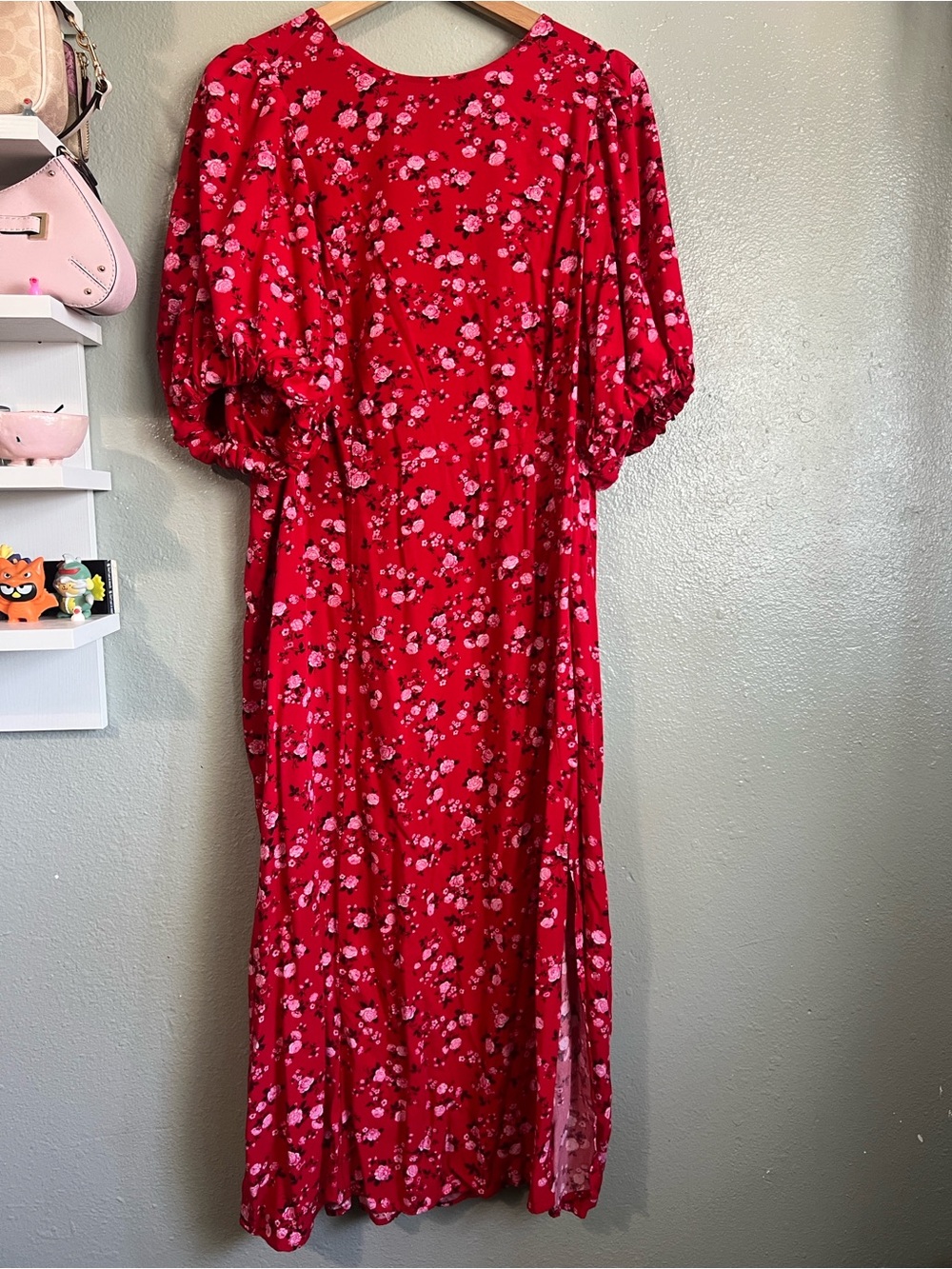 Old Navy Red Floral Puff-Sleeve Maxi Dress with Pink Blossoms